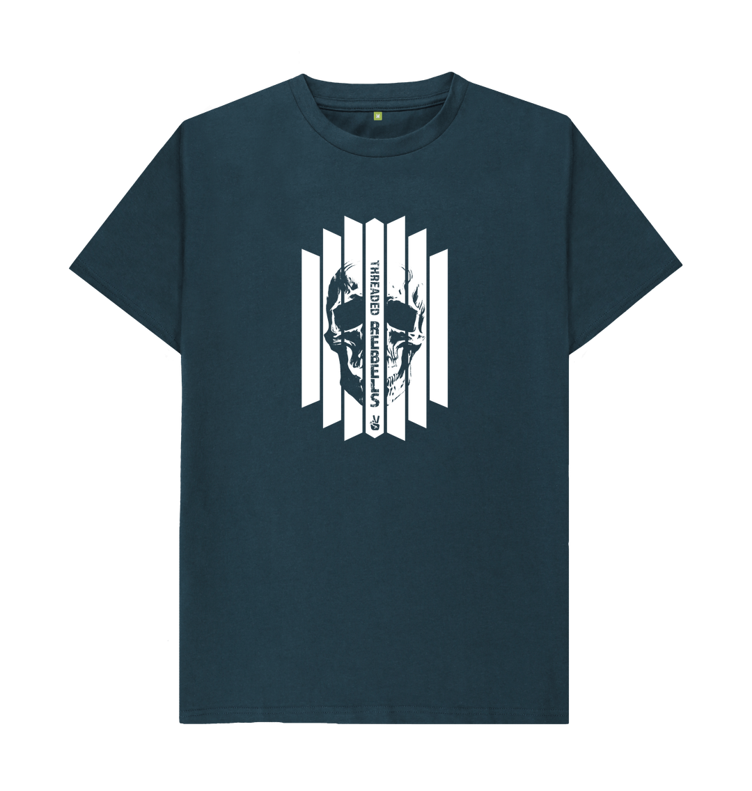 Denim Blue Threaded Rebels, Men's Certified Organic Cotton T-shirt, Front Skull Vertical WB