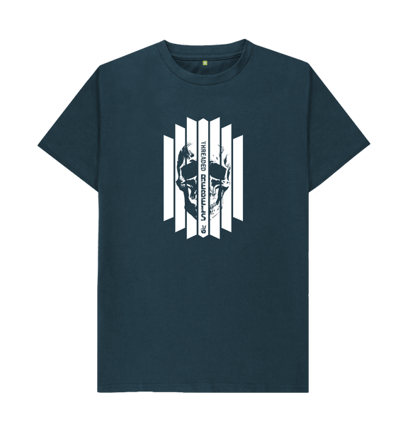 Denim Blue Threaded Rebels, Men's Certified Organic Cotton T-shirt, Front Skull Vertical WB