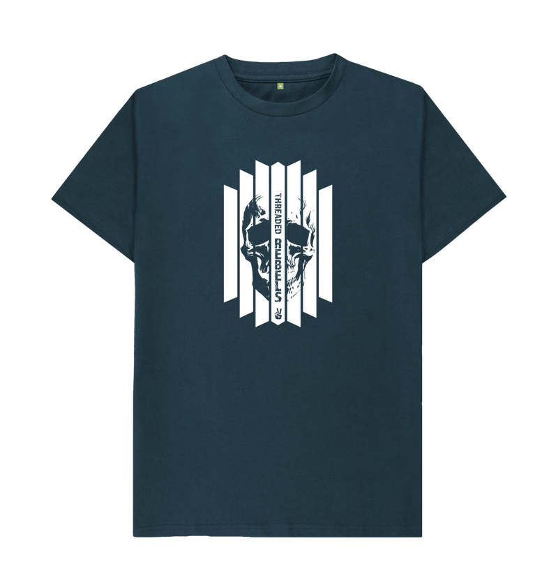 Denim Blue Threaded Rebels, Men's Certified Organic Cotton T-shirt, Front Skull Vertical WB