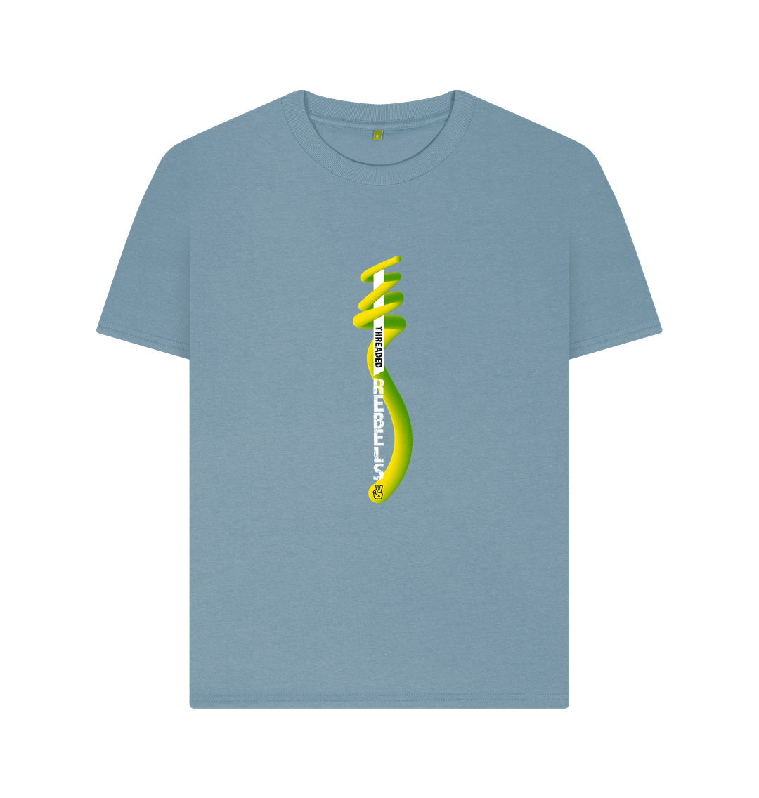 Stone Blue Threaded Rebels, Women's Certified Organic Cotton T-shirt, Front Vertical Twirl GYW