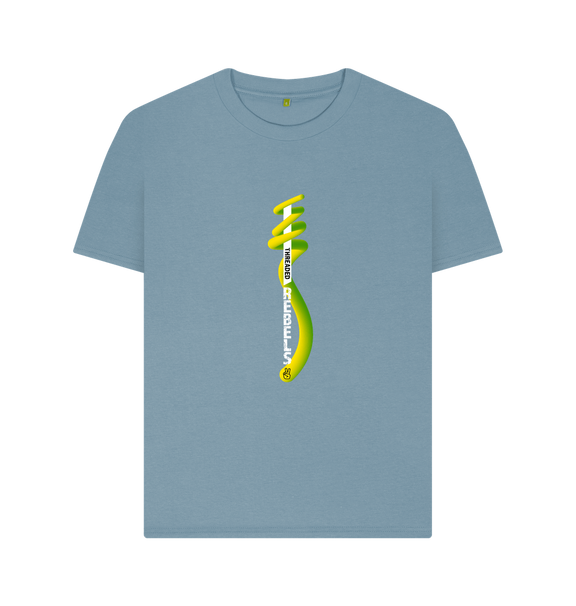 Stone Blue Threaded Rebels, Women's Certified Organic Cotton T-shirt, Front Vertical Twirl GYW