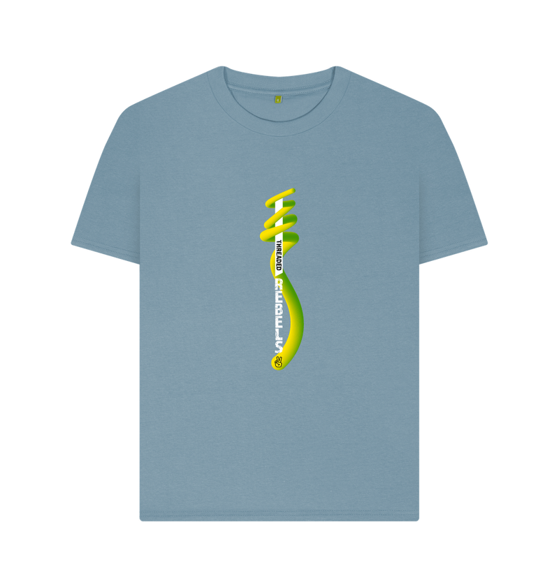 Stone Blue Threaded Rebels, Women's Certified Organic Cotton T-shirt, Front Vertical Twirl GYW