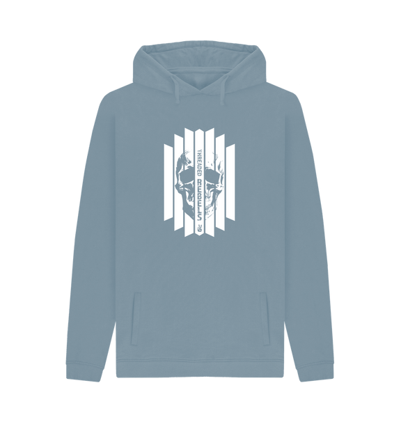 Stone Blue Threaded Rebels, Men's Certified Organic Cotton Pullover Hoodie, Front Skull Vertical WB