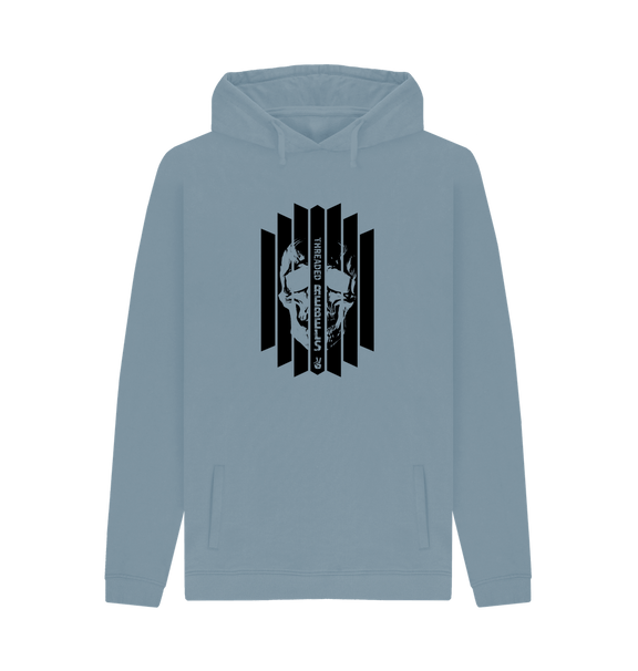 Stone Blue Threaded Rebels, Men's Certified Organic Cotton Pullover Hoodie, Front Skull Vertical BW