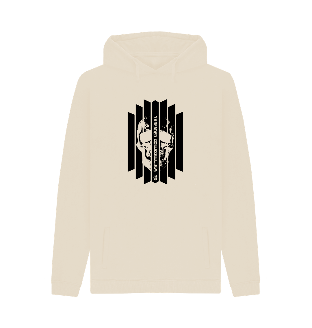 Oat Threaded Rebels, Men's Certified Organic Cotton Pullover Hoodie, Front Skull Vertical BW
