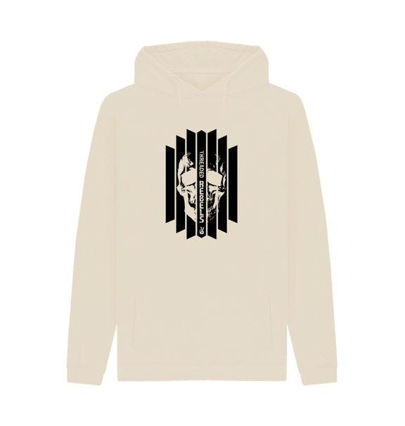 Oat Threaded Rebels, Men's Certified Organic Cotton Pullover Hoodie, Front Skull Vertical BW
