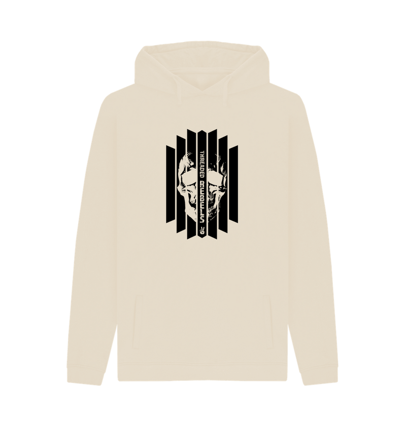 Oat Threaded Rebels, Men's Certified Organic Cotton Pullover Hoodie, Front Skull Vertical BW