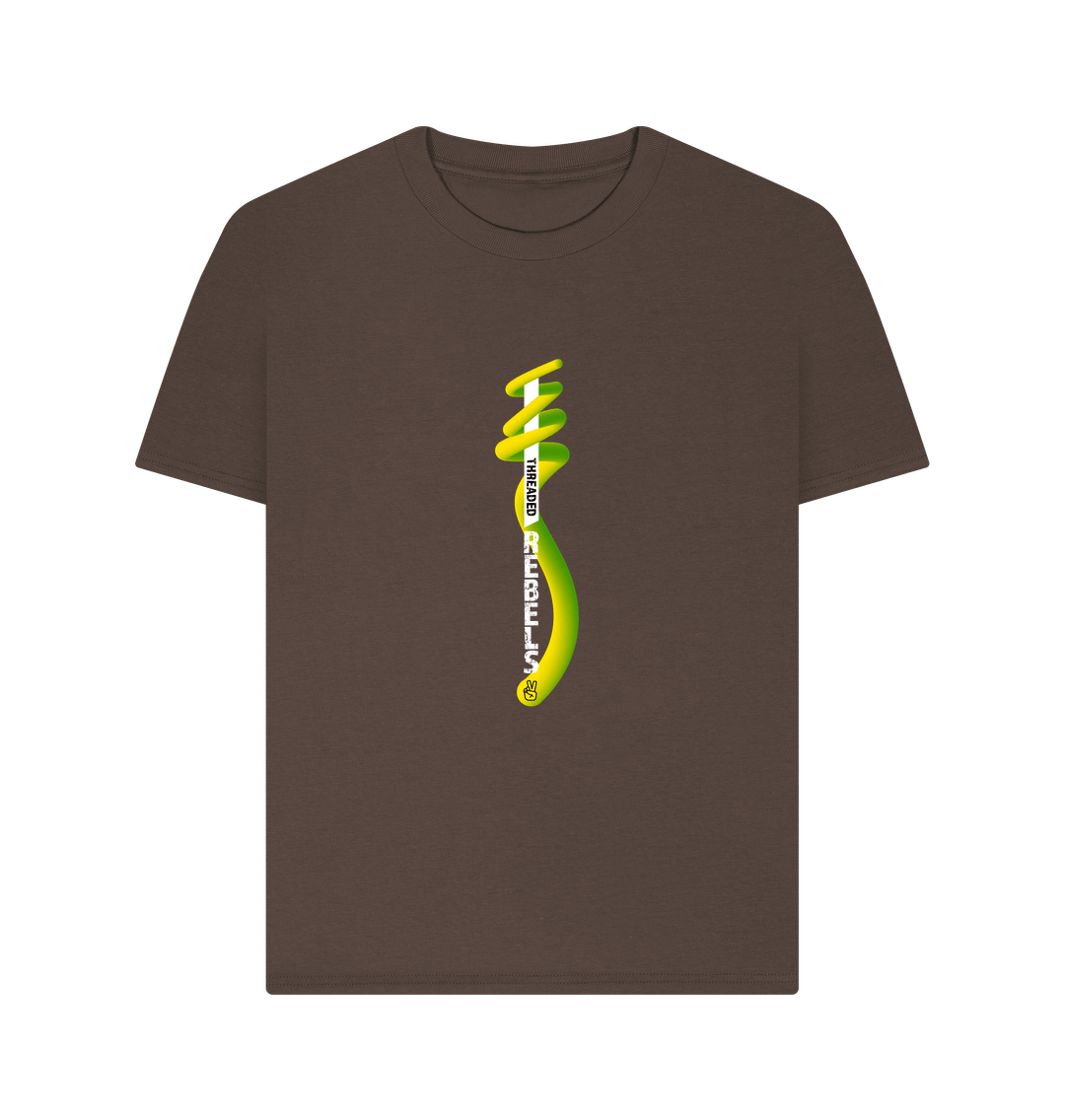 Chocolate Threaded Rebels, Women's Certified Organic Cotton T-shirt, Front Vertical Twirl GYW
