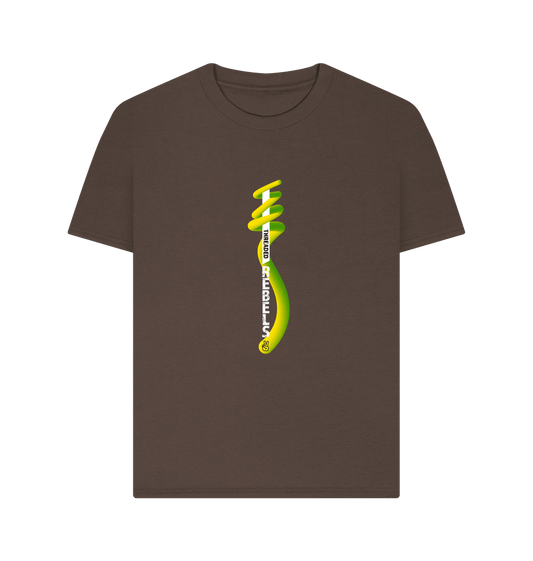 Chocolate Threaded Rebels, Women's Certified Organic Cotton T-shirt, Front Vertical Twirl GYW