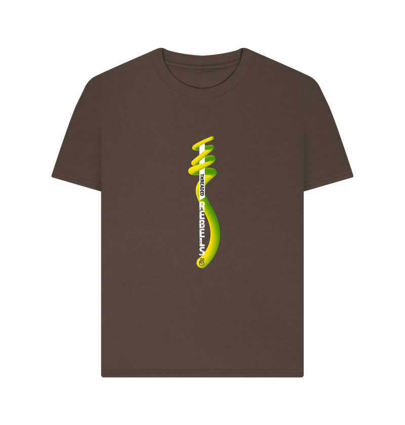 Chocolate Threaded Rebels, Women's Certified Organic Cotton T-shirt, Front Vertical Twirl GYW