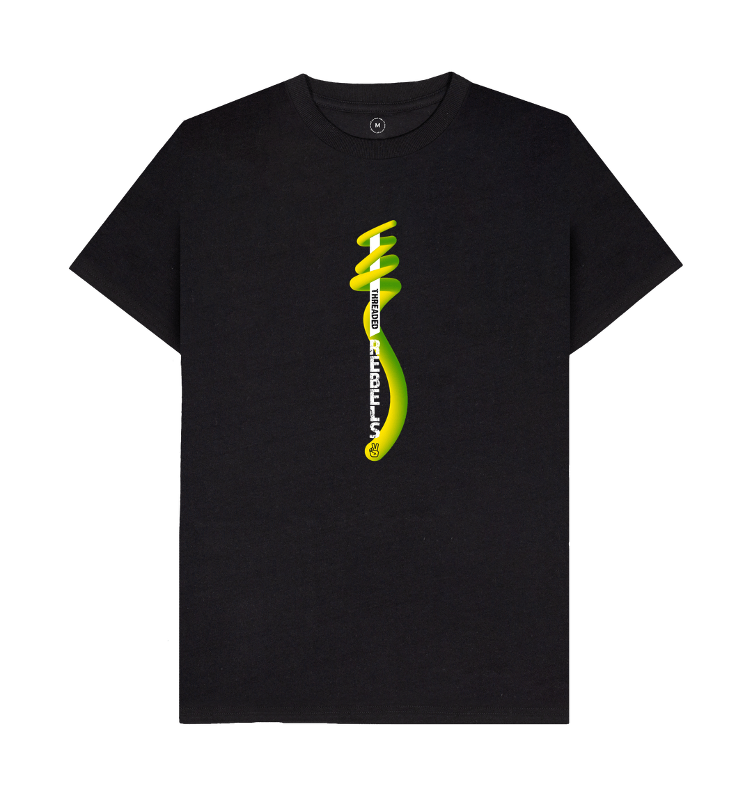 Black Threaded Rebels, Men's 50\/50 Remanufactured & Organic Cotton T-shirt, Front Vertical Twirl GYW
