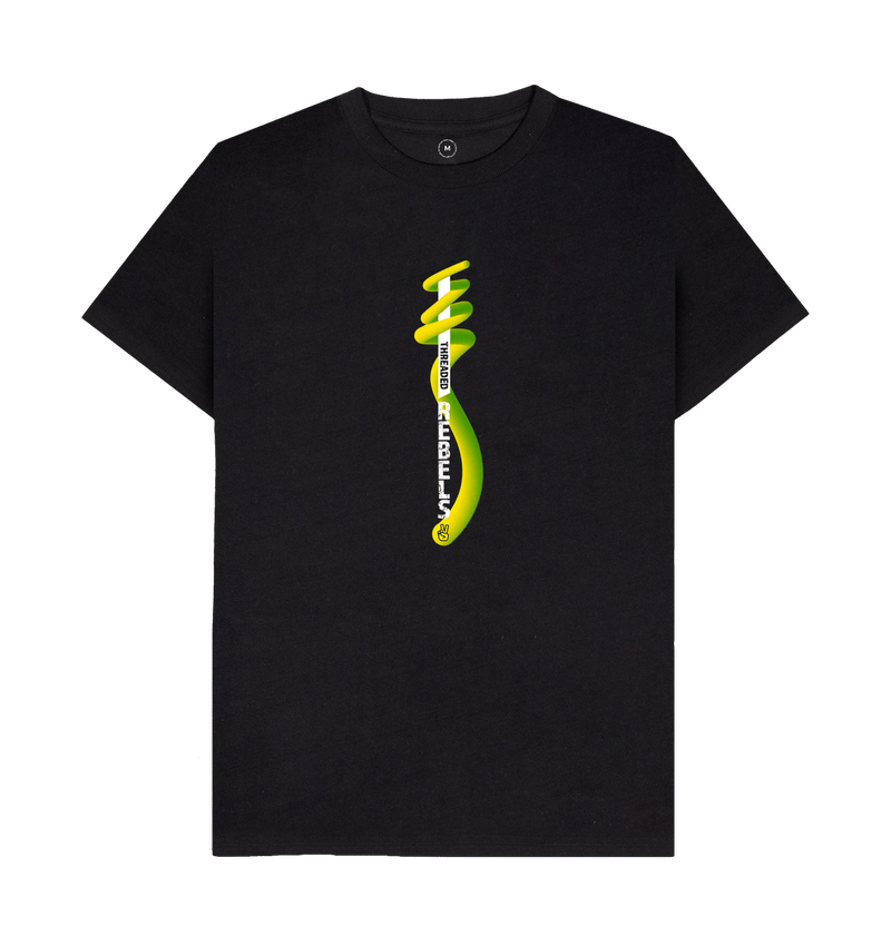 Black Threaded Rebels, Men's 50\/50 Remanufactured & Organic Cotton T-shirt, Front Vertical Twirl GYW