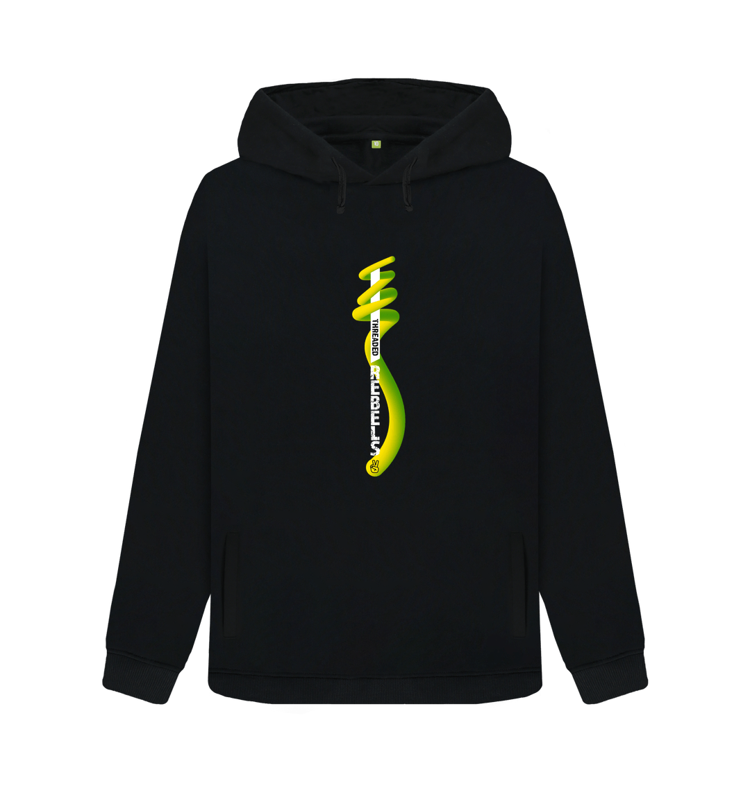 Black Threaded Rebels, Women's Certified Organic Cotton Pullover Hoodie, Front Vertical Twirl GYW