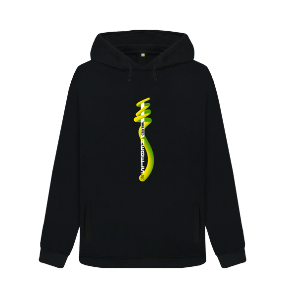 Black Threaded Rebels, Women's Certified Organic Cotton Pullover Hoodie, Front Vertical Twirl GYW