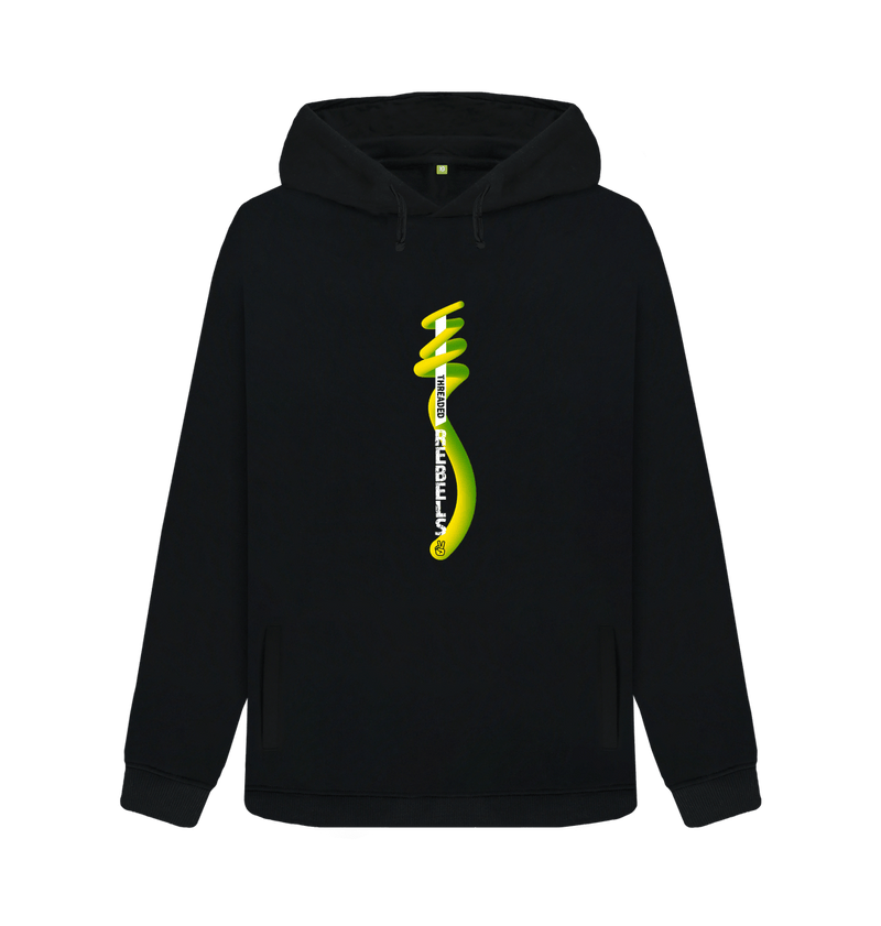 Black Threaded Rebels, Women's Certified Organic Cotton Pullover Hoodie, Front Vertical Twirl GYW