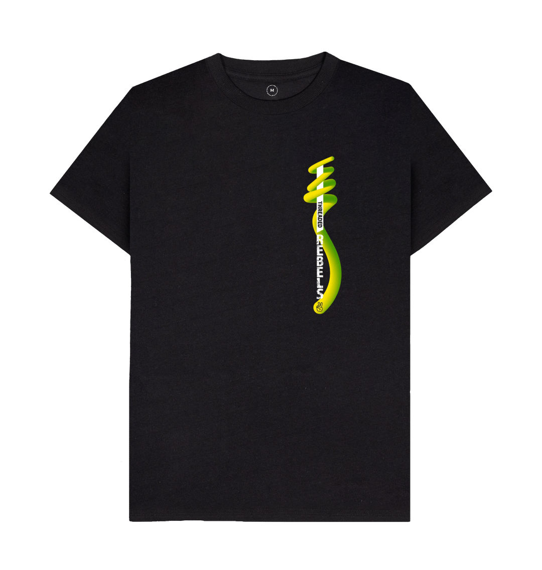 Black Threaded Rebels, Men's 50\/50 Remanufactured & Organic Cotton T-shirt, Left Vertical Twirl GYW