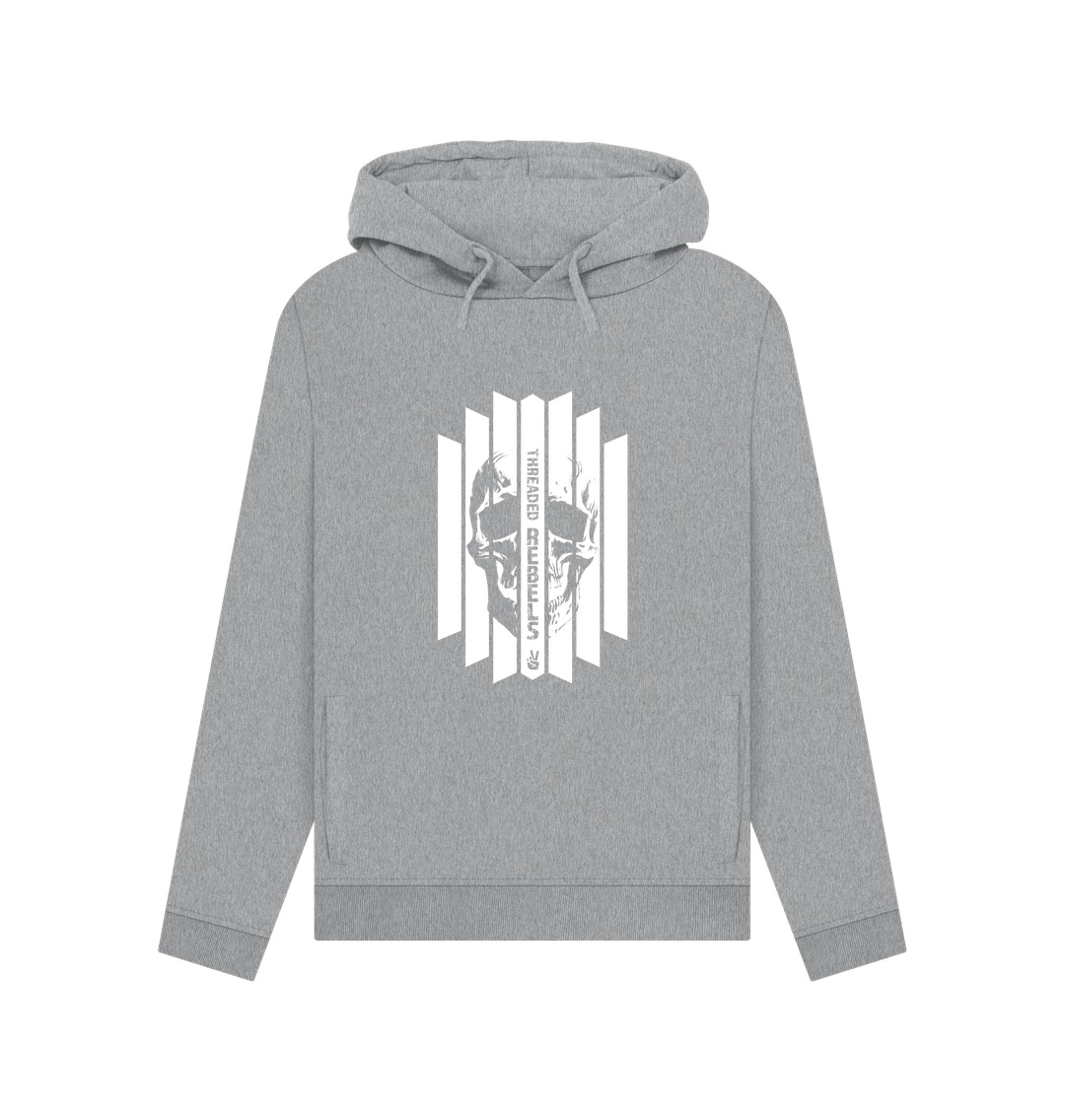 Light Heather Threaded Rebels, Women's Certified Organic Cotton Pullover Hoodie, Front Skull Vertical W