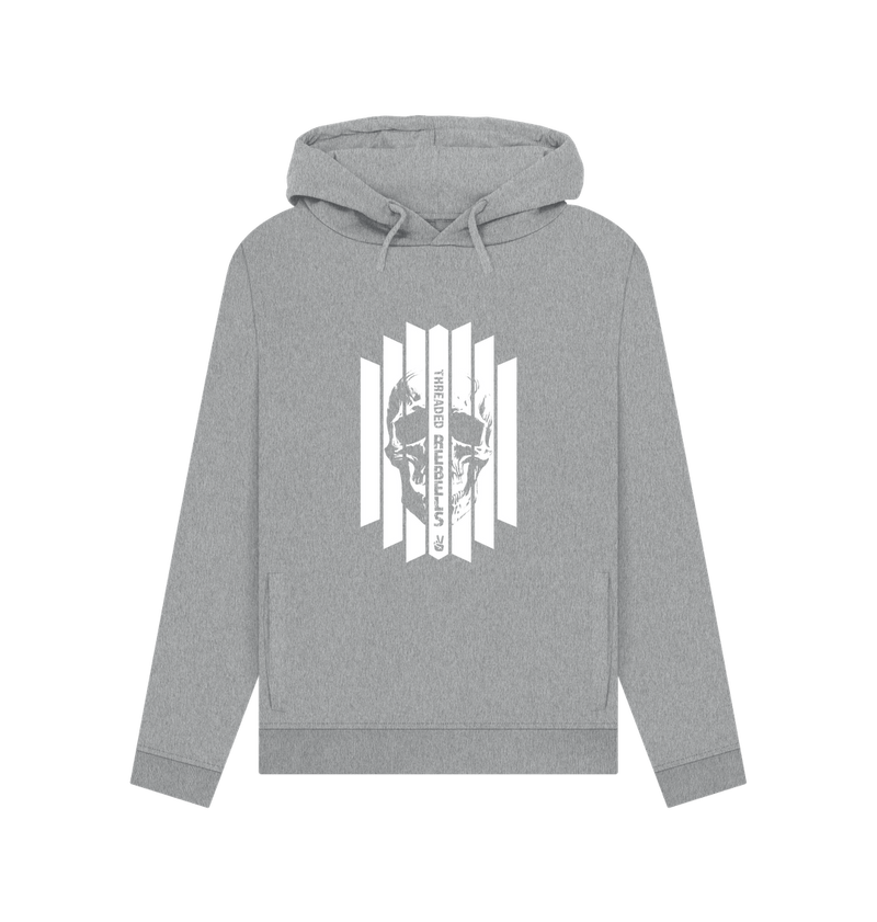 Light Heather Threaded Rebels, Women's Certified Organic Cotton Pullover Hoodie, Front Skull Vertical W