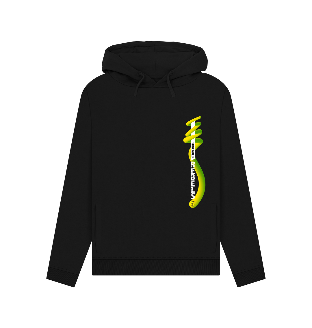Black Threaded Rebels, Women's Certified Organic Cotton Pullover Hoodie, Left Vertical Twirl GYW