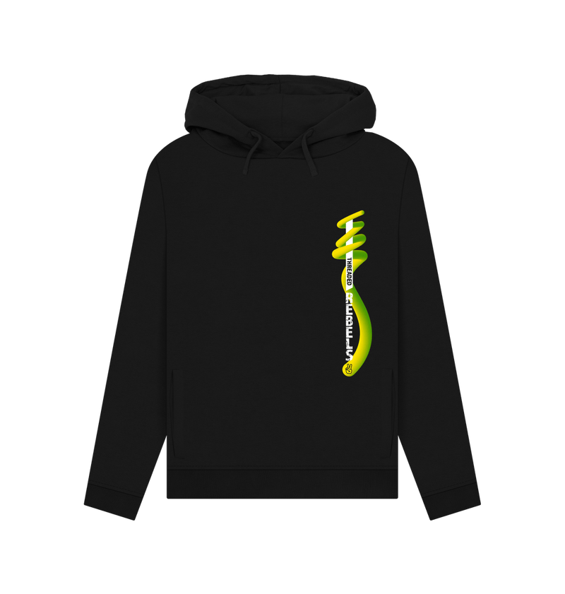 Black Threaded Rebels, Women's Certified Organic Cotton Pullover Hoodie, Left Vertical Twirl GYW