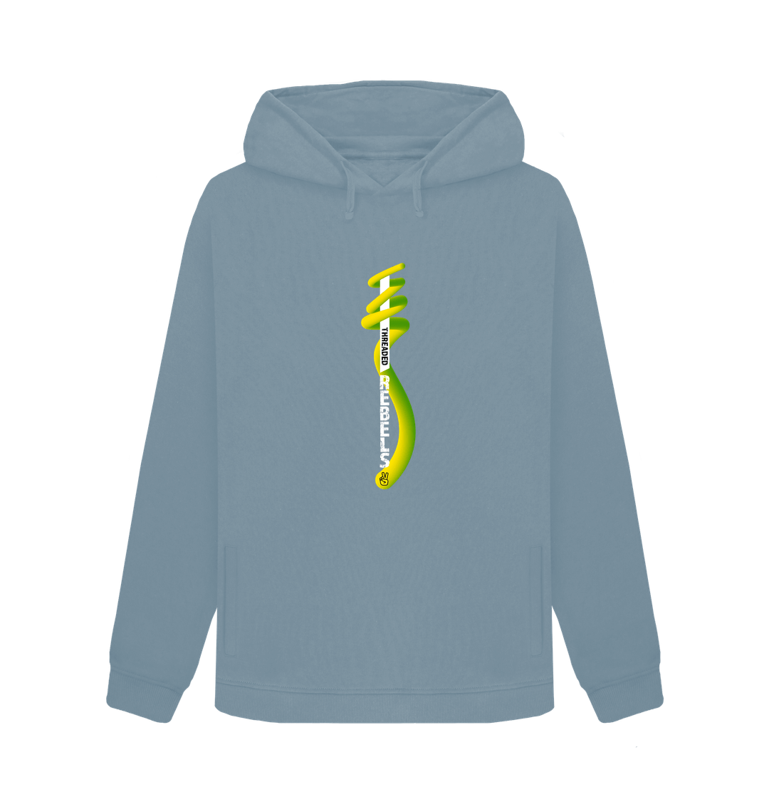 Stone Blue Threaded Rebels, Women's Certified Organic Cotton Pullover Hoodie, Front Vertical Twirl GYW