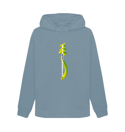 Stone Blue Threaded Rebels, Women's Certified Organic Cotton Pullover Hoodie, Front Vertical Twirl GYW
