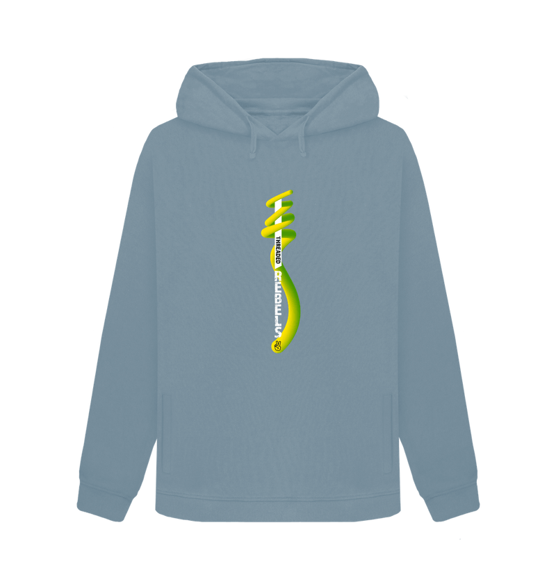 Stone Blue Threaded Rebels, Women's Certified Organic Cotton Pullover Hoodie, Front Vertical Twirl GYW