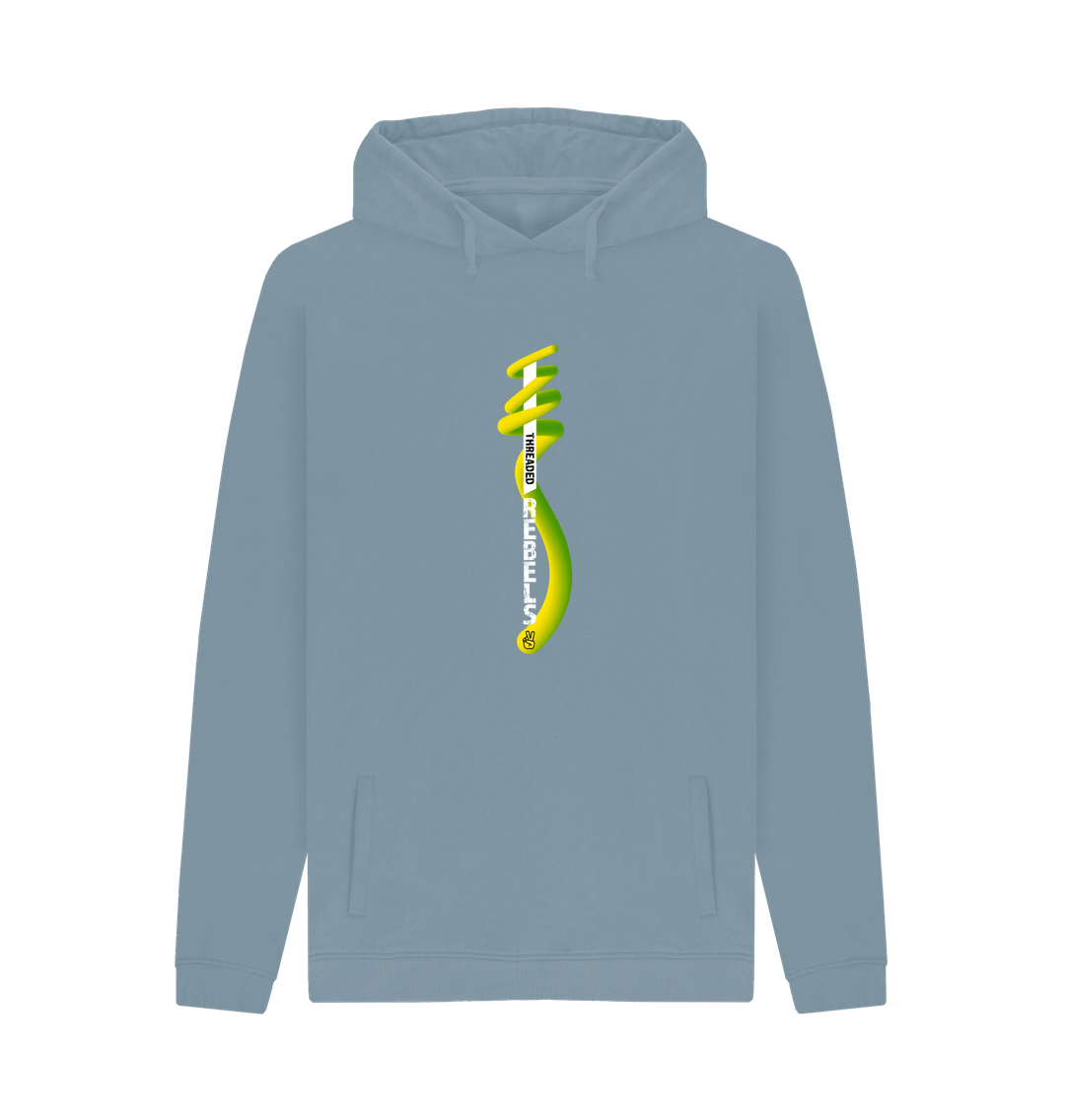 Stone Blue Threaded Rebels, Men's Certified Organic Cotton Pullover Hoodie, Front Vertical Twirl GYW