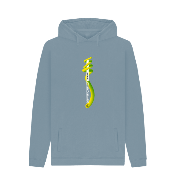 Stone Blue Threaded Rebels, Men's Certified Organic Cotton Pullover Hoodie, Front Vertical Twirl GYW