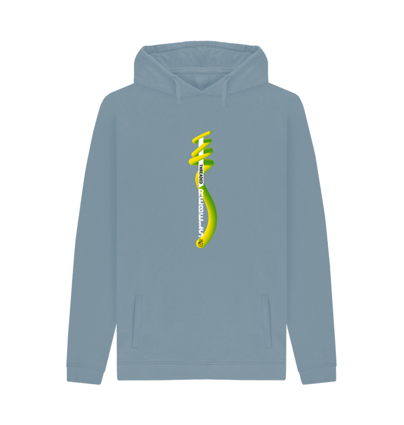 Stone Blue Threaded Rebels, Men's Certified Organic Cotton Pullover Hoodie, Front Vertical Twirl GYW