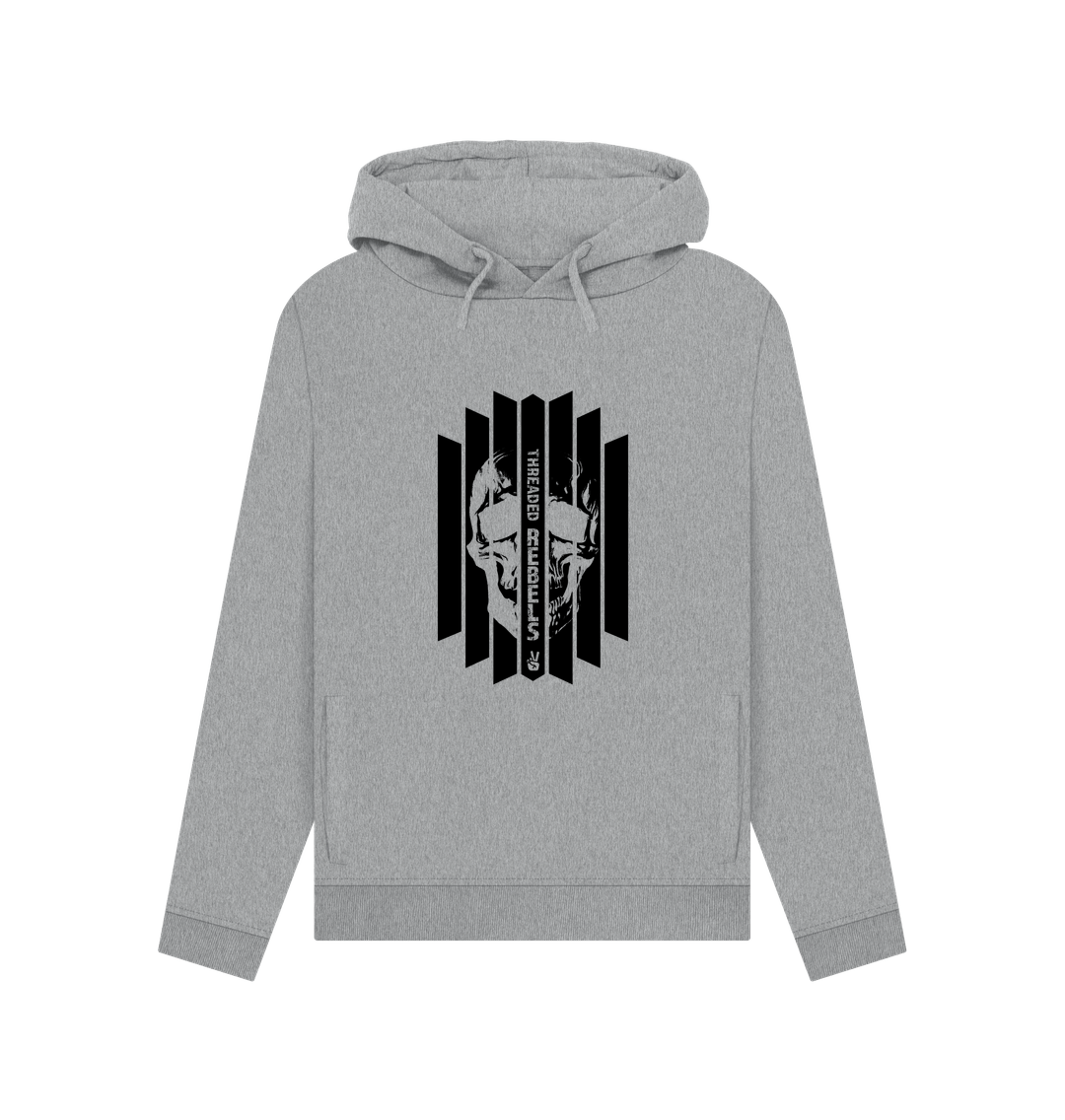 Light Heather Threaded Rebels, Women's Certified Organic Cotton Pullover Hoodie, Front Skull Vertical B