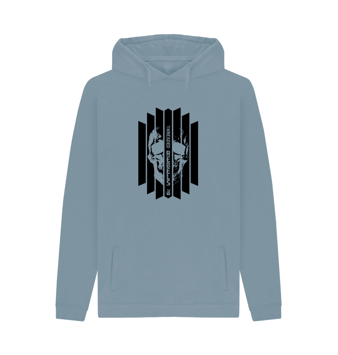 Stone Blue Threaded Rebels, Men's Certified Organic Cotton Pullover Hoodie, Front Skull Vertical BW