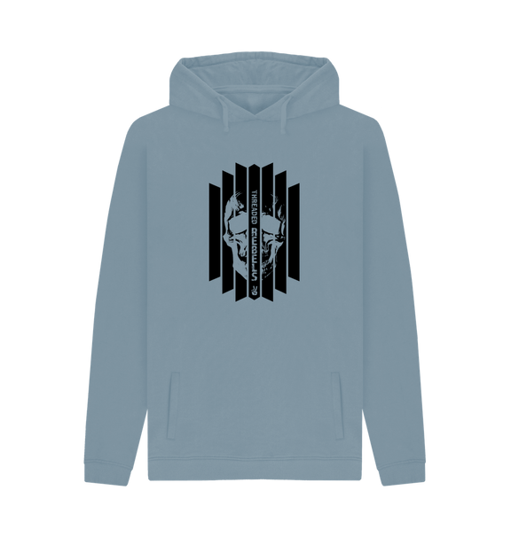 Stone Blue Threaded Rebels, Men's Certified Organic Cotton Pullover Hoodie, Front Skull Vertical BW