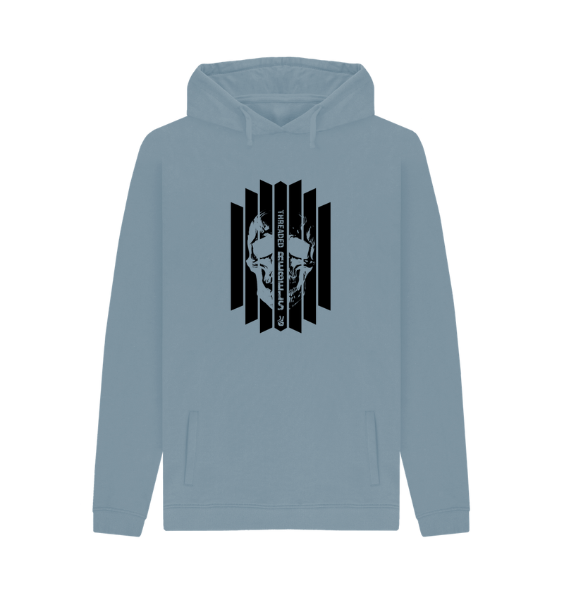 Stone Blue Threaded Rebels, Men's Certified Organic Cotton Pullover Hoodie, Front Skull Vertical BW