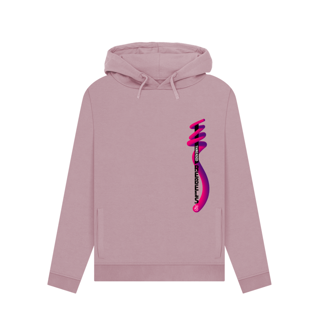 Mauve Threaded Rebels, Women's Certified Organic Cotton Pullover Hoodie, Left Vertical Twirl PB