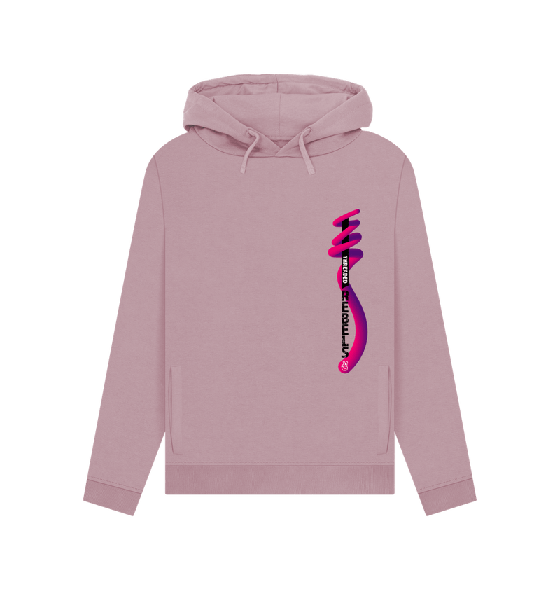 Mauve Threaded Rebels, Women's Certified Organic Cotton Pullover Hoodie, Left Vertical Twirl PB