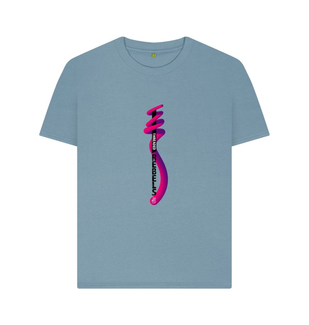 Stone Blue Threaded Rebels, Women's Certified Organic Cotton T-shirt, Front Vertical Twirl PB
