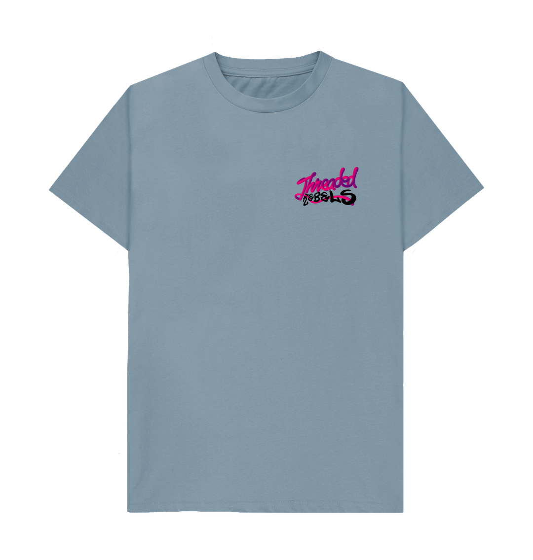 Stone Blue Threaded Rebels, Men's Certified Organic Cotton T-shirt, Front LB - PB