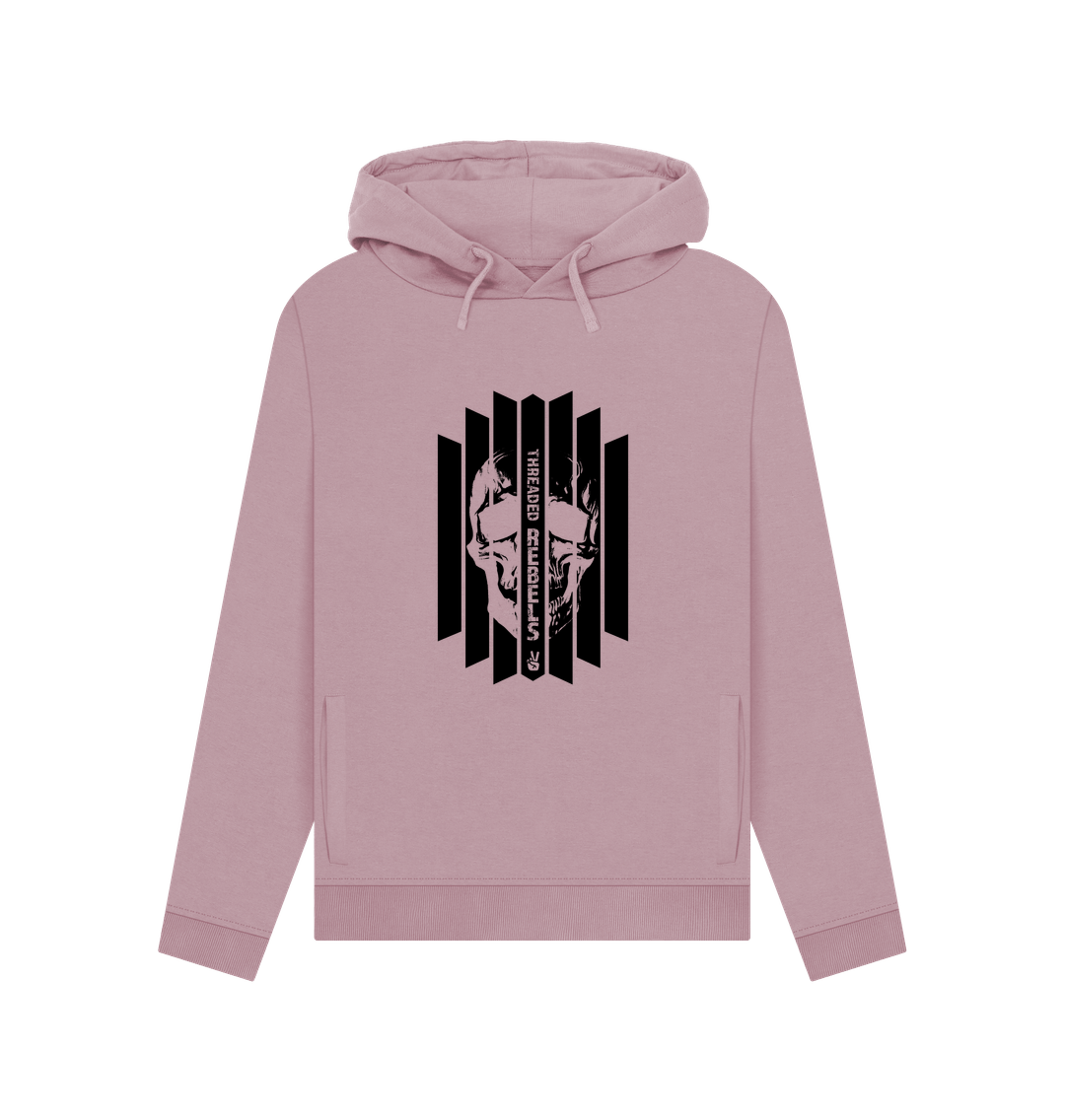 Mauve Threaded Rebels, Women's Certified Organic Cotton Pullover Hoodie, Front Skull Vertical B