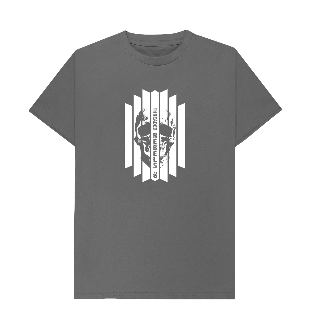Slate Grey Threaded Rebels, Men's Certified Organic Cotton T-shirt, Front Skull Vertical WB