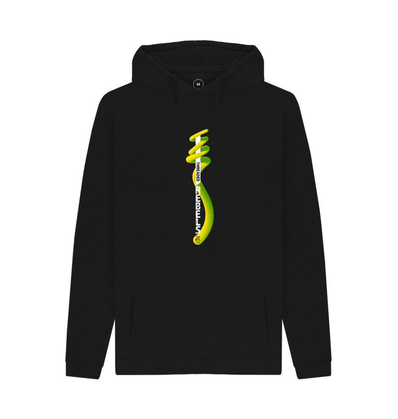 Black Threaded Rebels, Men's 50\/50 Remanufactured & Organic Cotton Hoodie, Vertical Twirl GYW