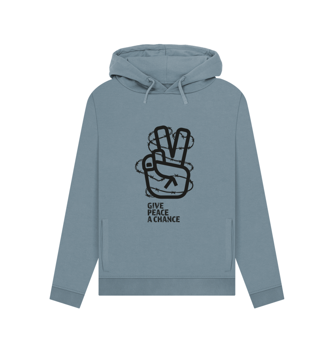 Stone Blue Threaded Rebels, Women's Certified Organic Cotton Pullover Hoodie, Peace B