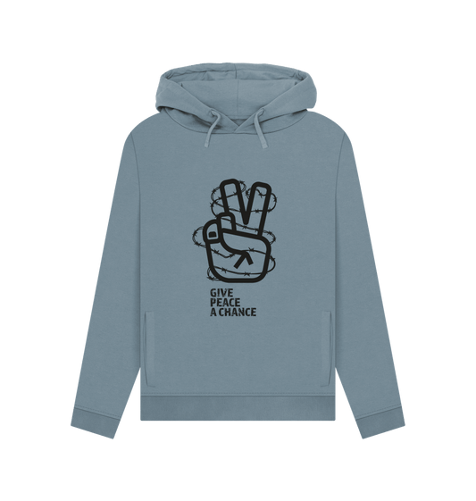 Stone Blue Threaded Rebels, Women's Certified Organic Cotton Pullover Hoodie, Peace B