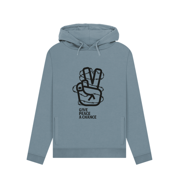 Stone Blue Threaded Rebels, Women's Certified Organic Cotton Pullover Hoodie, Peace B