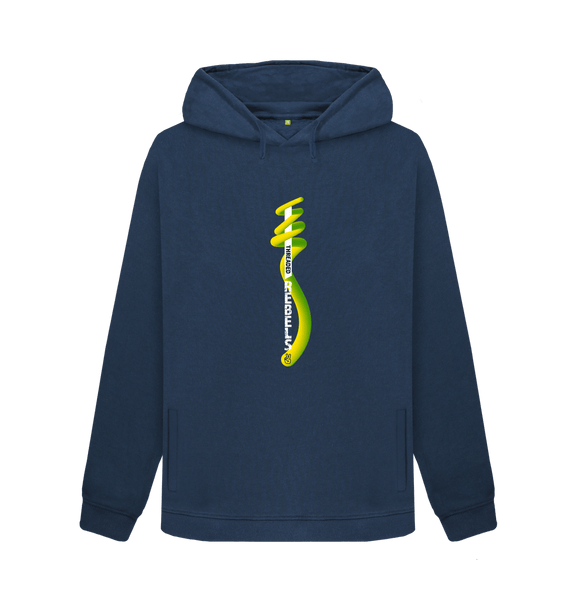 Navy Blue Threaded Rebels, Women's Certified Organic Cotton Pullover Hoodie, Front Vertical Twirl GYW