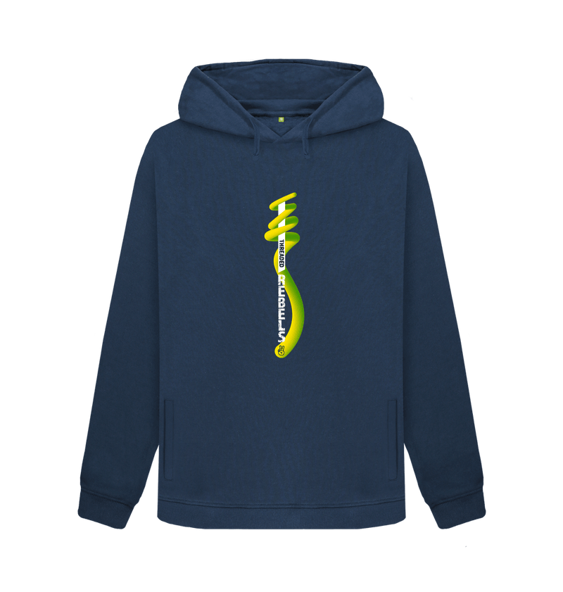 Navy Blue Threaded Rebels, Women's Certified Organic Cotton Pullover Hoodie, Front Vertical Twirl GYW
