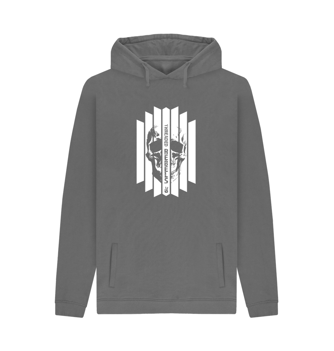 Slate Grey Threaded Rebels, Men's Certified Organic Cotton Pullover Hoodie, Front Skull Vertical WB