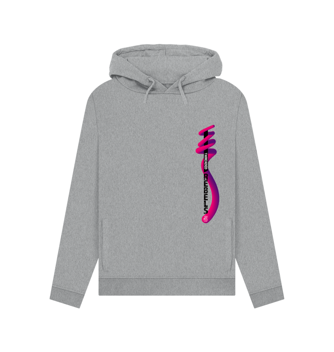 Light Heather Threaded Rebels, Women's Certified Organic Cotton Pullover Hoodie, Left Vertical Twirl PB
