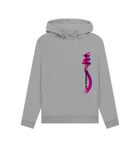 Light Heather Threaded Rebels, Women's Certified Organic Cotton Pullover Hoodie, Left Vertical Twirl PB