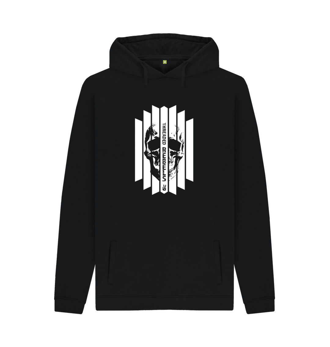 Black Threaded Rebels, Men's Certified Organic Cotton Pullover Hoodie, Front Skull Vertical WB